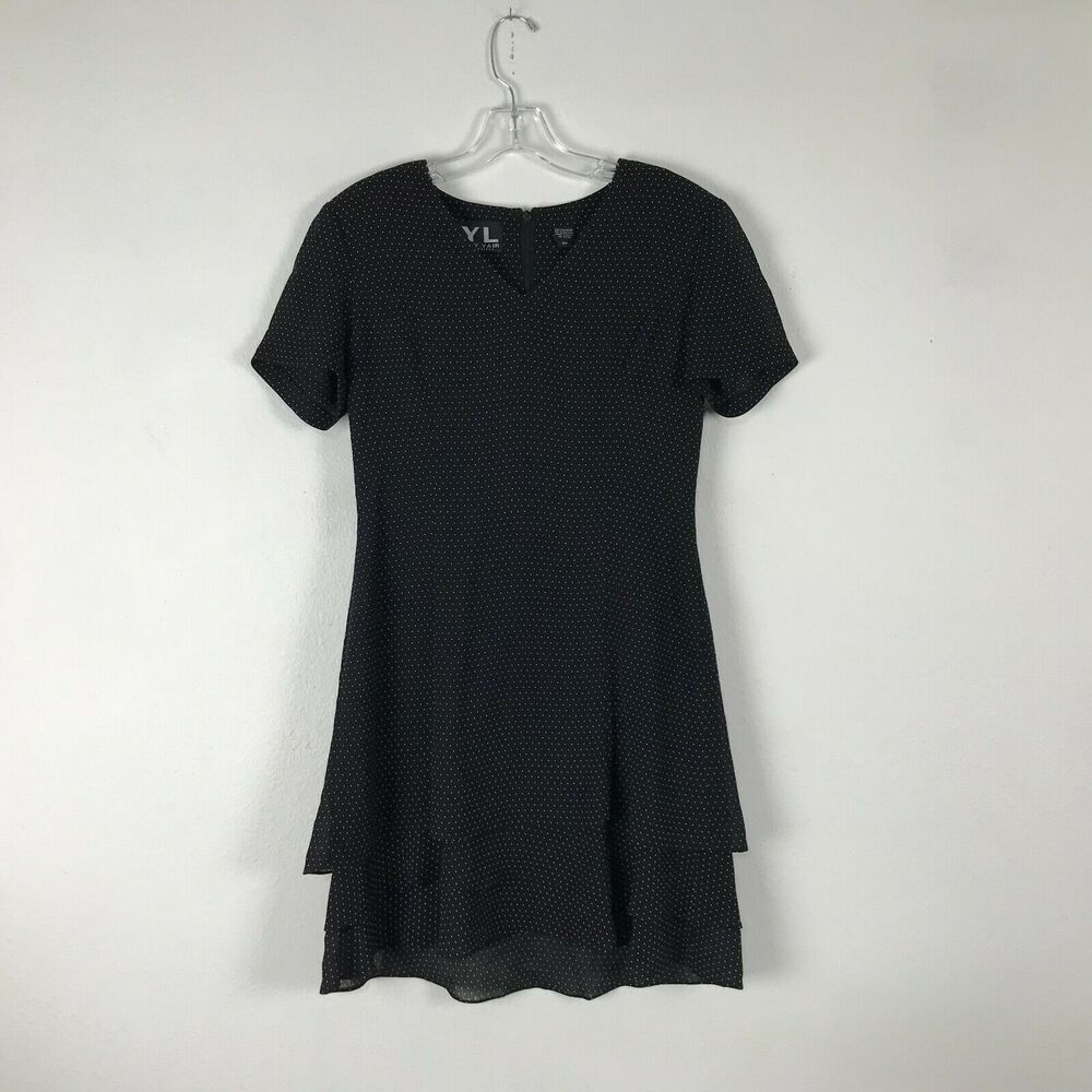 Vintage 90s Dress Size 6P Black Polka‎ Dot Polyester Short Sleeve Layered Womens